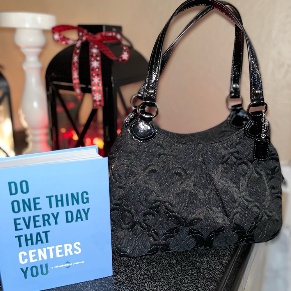 Coach Signature C Op-art Black Canvas Patent Leather Trim Small Handbag Purse